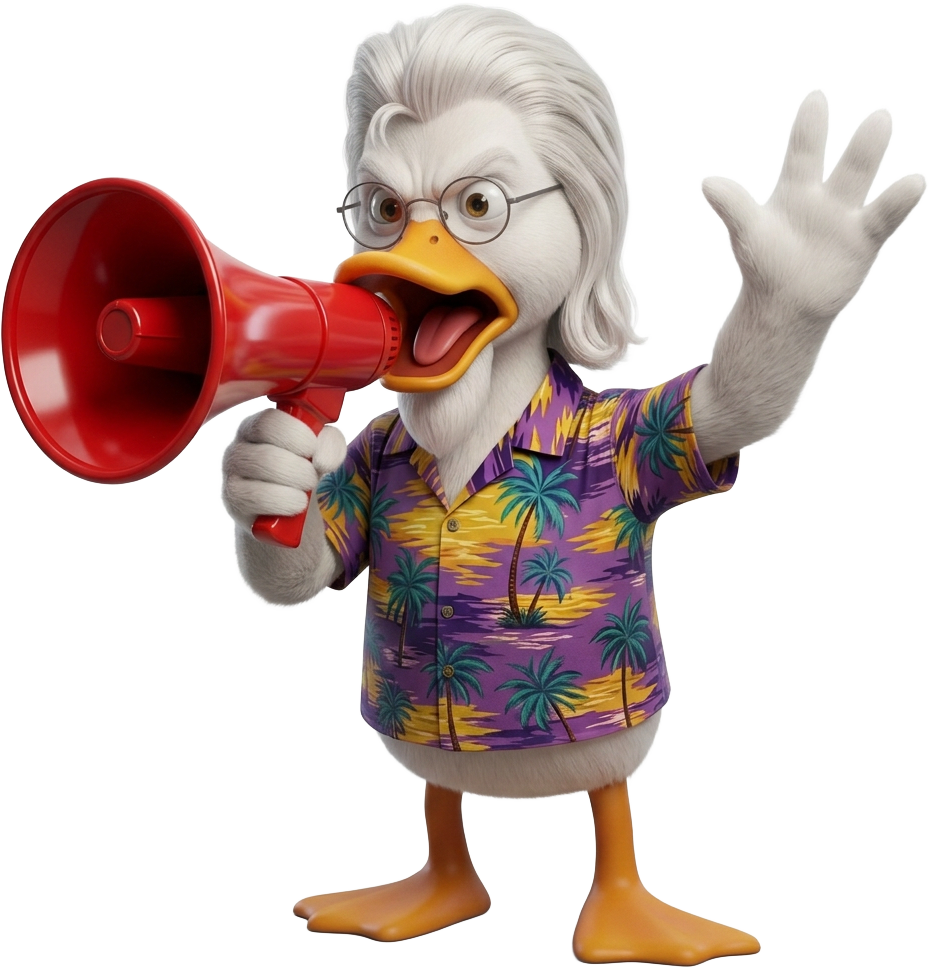 Irving T. Duck shouting into a red megaphone