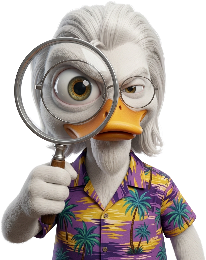 Irving T. Duck peering through a magnifying glass